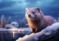 Mink posing on the snowy ground next to an icy lake. Winter time. AI generated Royalty Free Stock Photo