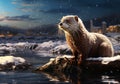 Mink posing on the snowy ground next to an icy lake. Winter time. AI generative Royalty Free Stock Photo