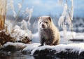 Mink posing on the snowy ground next to an icy lake. Winter time. AI generative