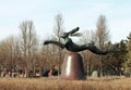 Hare on bell on portland stone piers by Barry Flanagan at Minneapolis sculpture garden