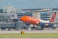 MINNEAPOLIS, MINNESOTA / USA - JUNE 25, 2019: Closeup of airplane aircraft departures taking off from the MSP - Minneapolis / St