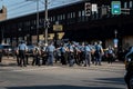 Large crowd of national guard police officers in blue uniforms gathering to stand off with minneapolis riots Royalty Free Stock Photo