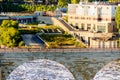 Minneapolis, MN, river and bridge with bycyclist near downtown Royalty Free Stock Photo