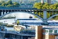 Minneapolis, MN, river and bridge near downtown buildings Royalty Free Stock Photo