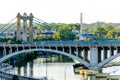 Minneapolis, MN, river and bridge near downtown buildings Royalty Free Stock Photo