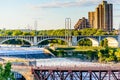 Minneapolis, MN, river and bridge with runner near downtown Royalty Free Stock Photo