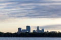 Minneapolis skyline backlit at sunset