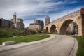 Minneapolis skyline, Stone Arch Bridge, bike path. Minnesota Royalty Free Stock Photo