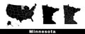 Minnesota state map, USA. Set of Minnesota maps with outline border, counties and US states map. Black and white color
