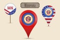 Minnesota US state round flag. Map pin, red map marker, location pointer. Hanging wood sign. Vector illustration Royalty Free Stock Photo