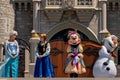 Minnie, Elsa, Anna and Olaf on Mickey`s Royal Friendship Faire on Cinderella Castle in Magic Kingdom . Royalty Free Stock Photo