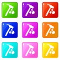 Minning hand hammer icons set 9 color collection