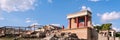 Minoan palace Knossos at Heraklion Crete island Greece. North Entrance with charging bull fresco. Panoramic view, banner Royalty Free Stock Photo