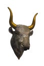 Minoan rhyton in form of a bull isolated on white background. Bull`s-head rhyton, fragment of a similar stone rhyton preserving