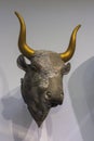 Minoan rhyton in form of a bull. Bull`s-head rhyton, fragment of a similar stone rhyton preserving gold leaf on the muzzle. The