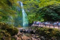 Minoh waterfall full of tourists take photo in summer and waiting for light up