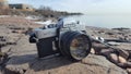 Minolta SRT 102 with 50mm f1.7 Rokkor Lens on Rocks Overlooking Lake Superior Royalty Free Stock Photo