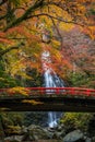 Minoo Waterfall with red bridge in autumn, Minoo Park Osaka, Japan Royalty Free Stock Photo