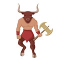 Minotaur with battle ax. Mythical greek colored powerful creature the half human bull.