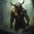 Minotaur In Haunted Forest: A Grotesque Fantasy Creature With Strong Facial Expression