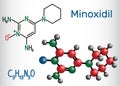 Minoxidil molecule. It is an antihypertensive vasodilator medication, is used to treat hair loss.. Structural chemical formula