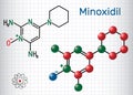 Minoxidil molecule. It is an antihypertensive vasodilator medication, is used to treat hair loss.. Structural chemical formula