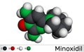 Minoxidil molecule. It is an antihypertensive vasodilator medication, is used to treat hair loss. Molecular model. 3D rendering