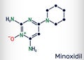 Minoxidil molecule. It is an antihypertensive vasodilator medication, is used to treat hair loss. Structural chemical formula