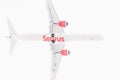 Minsk airport. Belarus. August 2020. Aeroplane Photographed From Below. Two red motors