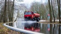 Cleaning sweeper machine washes the asphalt road with water spray Royalty Free Stock Photo