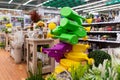 MINSK, BELARUS - April 01, 2020: garden shop with a selection of equipment for grooming flowers