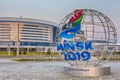 The Official Symbol of The II European Games in Minsk in Front of Minsk Arena complex. Games Will