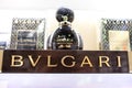 MINSK, BELARUS - August 21, 2019: Bvlgari logo closeup on a perfume store shelf. Royalty Free Stock Photo