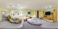 MINSK, BELARUS - AUGUST, 2019: full seamless hdri panorama 360 degrees angle view in interior of small bedroom with bed and sofa