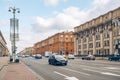 Minsk, Belarus. Independence Avenue, downtown of the city. Architecture, traffic, city life