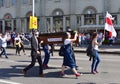 MINSK, BELARUS - AUGUST 30, 2020: Mass protest rally in central Minsk. Text on the coffin: 'dictatorship'. Protest against