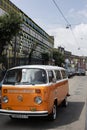 Minsk, Belarus, August 14 2018 - white and Orange Volkswagen Type 2 VW T2 parked on the street, known as the Transporter Royalty Free Stock Photo