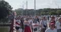 MINSK, BELARUS - AUGUST 16, 2020: Peaceful Protesters With Posters And Flags Move Along Street City. Belarusians Took