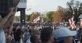 MINSK, BELARUS - AUGUST 16, 2020: Peaceful Protesters With Posters And Flags Move Along Street City. Belarusians Took