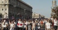 MINSK, BELARUS - AUGUST 16, 2020: Peaceful Protesters With Posters And Flags Move Along Street City. Belarusians Took