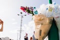 Minsk Belarus - August, 2020: Peaceful protests in Belarus. Trash bags with empty plastic bottles hang from poles