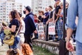 Minsk, Belarus - August 15, 2020. Protest actions in Minsk. Participants of the action stand with posters