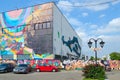 Street art on Oktyabrskaya street. Graffiti on wall of industrial building, created as part of Vulica Brasil festival, Minsk