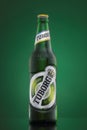 MINSK, BELARUS-AUGUST 23, 2016. Tuborg glass bottle beer on green background.