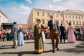 Minsk, Belarus. Couple of people dressed in clothes of the 19th