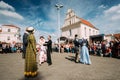 Minsk, Belarus. Couple of people dressed in clothes of the 19th