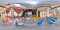 Minsk, Belarus - 2018: 3D spherical panorama with 360 viewing angle of the party loft interior with stage and chairs. Ready for vi