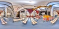 Minsk, Belarus - 2018: 3D spherical panorama with 360 viewing angle of the party loft interior with stage and chairs. Ready for vi
