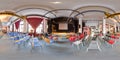 Minsk, Belarus - 2018: 3D spherical panorama with 360 viewing angle of the party loft interior with stage and chairs. Ready for vi