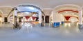 Minsk, Belarus - 2018: 3D spherical panorama with 360 viewing angle of the party loft interior with stage and chairs. Ready for vi